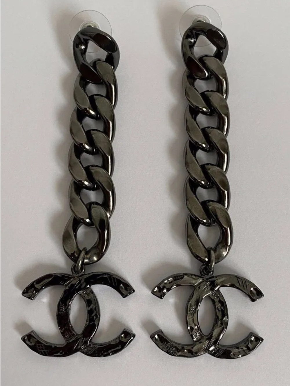 CHANEL Black Chain Drop CC Logo Earrings